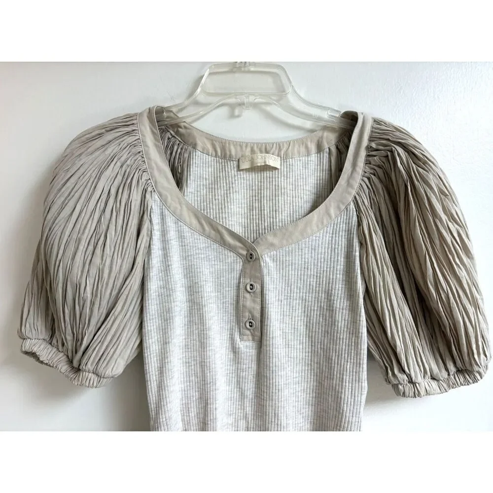 Ulla Johnson Marika Pleated Puff Sleeve Ribbed Henley Blouse Top Cobblestone S